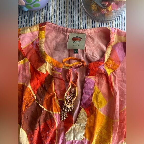 FARM RIO Patch Twirl Midi Dress Puff Sleeve Sz M Multicolor Drawstring Tie Neck - Picture 6 of 15